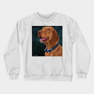 Painting of a Brown Coated Vizsla Smiling on a Green Blue Background Crewneck Sweatshirt